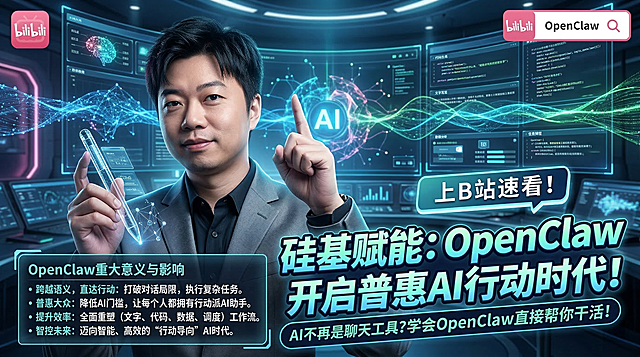 画面精美有科技感高智感，类似大V解说风格，介绍OpenClaw这款AI软件的重大意义，着重体现该软件对普通人日常生活工作的影响，左下角放置相关说明文案