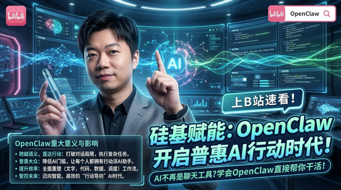 画面精美有科技感高智感，类似大V解说风格，介绍OpenClaw这款AI软件的重大意义，着重体现该软件对普通人日常生活工作的影响，左下角放置相关说明文案预览效果