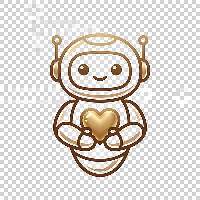 去掉图片中所有文字，仅保留手捧爱心的简笔机器人，保留原棕色金色配色，保持透明背景，图像比例为1:1，高画质