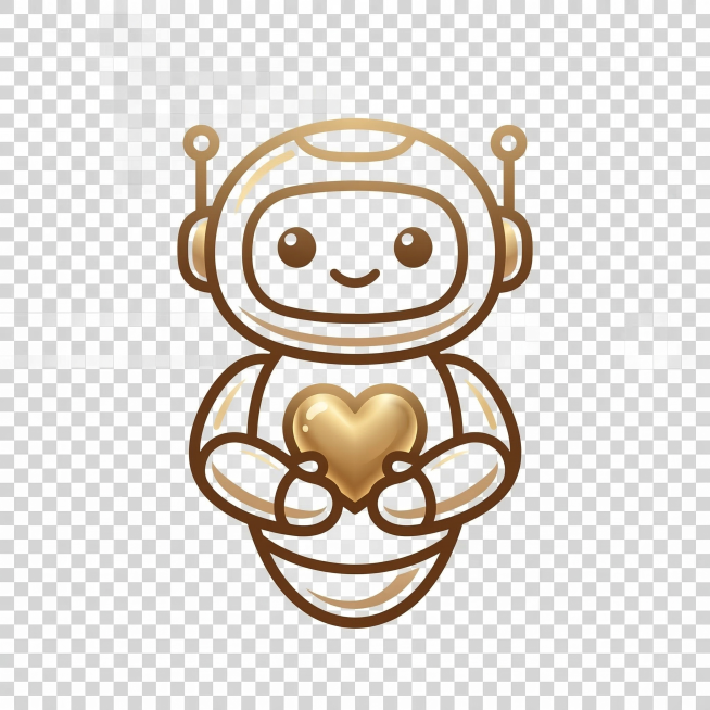 去掉图片中所有文字，仅保留手捧爱心的简笔机器人，保留原棕色金色配色，保持透明背景，图像比例为1:1，高画质预览效果