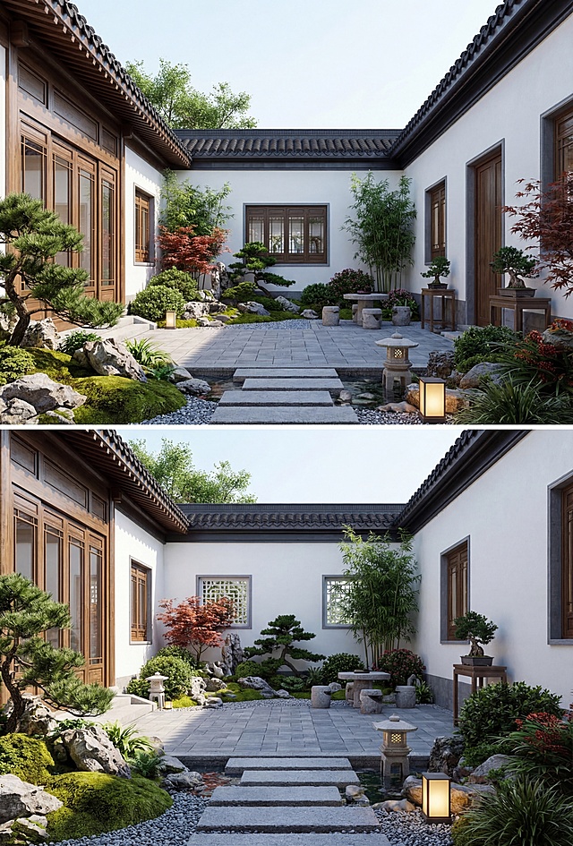 根据提供的农村自建房院子平面布置图，生成从院内向内拍摄的人视效果图，严格保留原有院子结构、尺寸、门窗位置、房屋层高3.5米、墙体布局，全部为一层建筑不改动。优化院子地面铺装、庭院景观、绿化、围墙样式、灯光、庭院小品，采用参考图片的新中式苏派园林风格，高清写实照片级，自然日光，细节丰富，适合施工参考