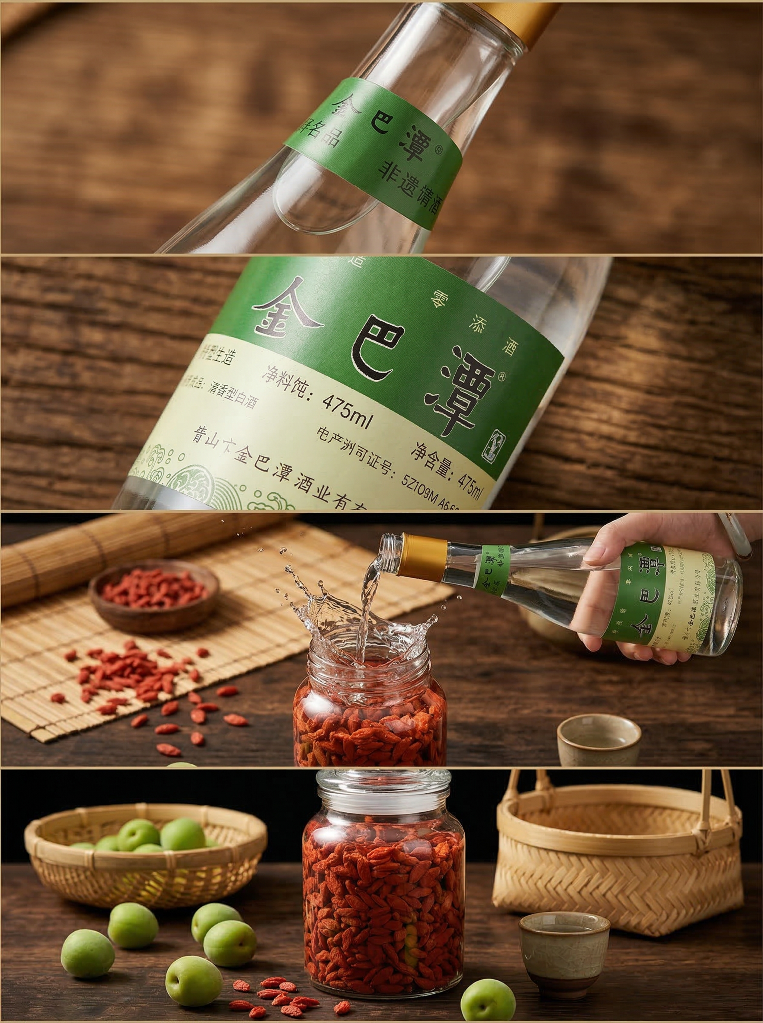 电商白酒产品详情页，四格竖版拼图，保留原图金巴潭透明酒瓶样式、… - 图片创意预览