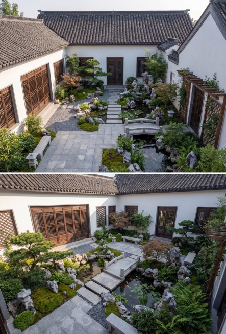 根据提供的农村自建房院子平面布置图，生成45度角透视效果图，严格保留原有院子结构、尺寸、门窗位置、房屋层高3.5米、墙体布局，全部为一层建筑不改动。优化院子地面铺装、庭院景观、绿化、围墙样式、灯光、庭预览效果