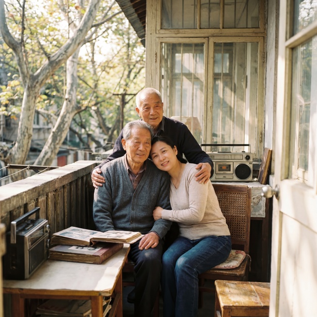 中国父母和女孩子在一起的温馨画面，图片上不显示任何文字，表达过去的事已经发生，无论好坏，总不能重新来过的意境预览效果