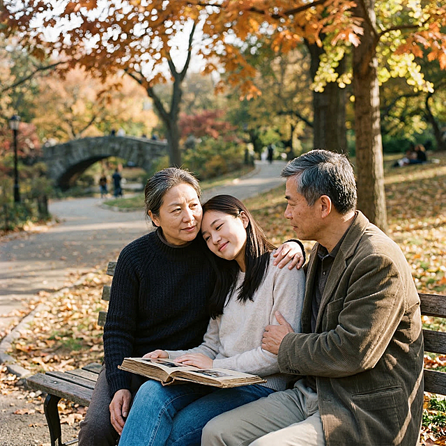 中国父母和女孩子在一起的温馨画面，图片上不显示任何文字，表达过去的事已经发生，无论好坏，总不能重新来过的意境