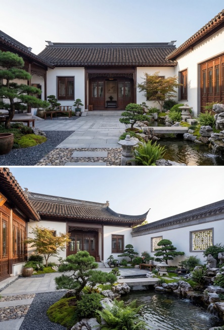 根据提供的农村自建房院子平面布置图，生成中式庭院正面主视角效果图，严格保留原有院子结构、尺寸、门窗位置、房屋层高3.5米、墙体布局，全部为一层建筑不改动。优化院子地面铺装、庭院景观、绿化、围墙样式、灯预览效果