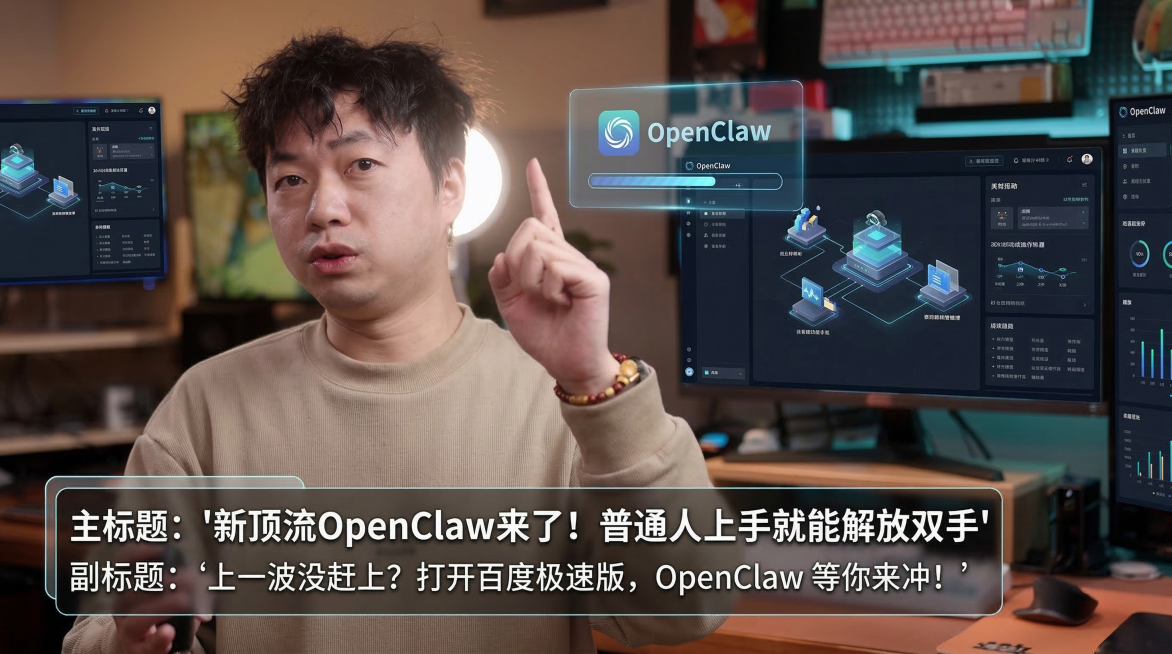 参考上传参考图的大v解说风格画面，画面精美有科技感高智感，内容是讲解OpenClaw AI软件对普通人日常生活工作的价值和影响，左下角放置文案，主标题："新顶流OpenClaw来了!普通人上手就能解放预览效果