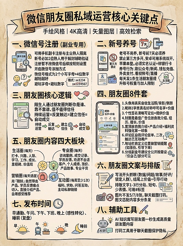 手绘风格竖版3:4微信朋友圈私域运营核心关键点中文信息卡，4K打印级高清分辨率，汉字为高优先级矢量图层，搭配视觉符号和简洁字体，增强视觉冲击力和信息检索效率。内容包含：一、微信号注册（副业专用）：可用手机副卡注册与主业熟人隔离，新号必加2位熟人用于解封辅助验证，注册暂不改微信号后续按规则设置，开启微信号添加方式，微信号格式为2个小写字母+4位数字越短越好，避坑字母+避坑数字私信获取。二、新号养号：老号不用养新号前7天必须养，禁止第三方多开安卓可用系统双开苹果单登，必须实名认证+绑银行卡，养号行为包括刷公众号/新闻、钱包充值、外卖支付、看视频号/直播，每天发1条生活朋友圈提升账号权重与加人限制。三、朋友圈核心逻辑：陌生人通过朋友圈判断你是谁、靠不靠谱、值不值得信任，持续运营=反复触达=建立信任=自动成交。四、朋友圈8件套：头像用真实自信生活照/背影/侧颜，昵称2字类真名好称呼可名字+价值，个性签名清晰写定位+提供价值，封面是最佳广告位放自我介绍、经历、擅长、价值，置顶放自我介绍+产品介绍+福利资料强化第一印象，评论区自我评论促单、二次触达已互动用户，地址栏自定义位置做营销提醒（如涨价、引导下单），分组副业号建议全公开按需设仅自己/部分可见。五、朋友圈内容四大板块：生活圈（每天）包含打卡、兴趣、人际、学习、工作、成长、里程碑、价值观；专业圈（每天）包含咨询案例、成交记录、学员反馈、劝退不合适客户、个人成绩、涨价、产品故事、专业干货；营销圈（每天适度）用「刚好」自然带出产品、学员反馈痛点切入、直接介绍产品、自用感受推荐；互动圈（每周至少1次）包含福利、求助、问答互动，主动私聊链接。六、朋友圈文案与排版：写法开头抓眼（数据/问题/故事/好评/锁定人群），结尾上价值+引导行动；排版文字1-3行分段、短句、少表情、可用#标签，图片不发5/7/8张，聊天截图打码，图文匹配内容多分条发。七、发布时间：早通勤、午间、下午、下班、晚上（感性转化）、睡前（复盘）。八、辅助工具：AI知识库写朋友圈一秒生成高质量朋友圈内容，打码工具用于聊天截图保护隐私