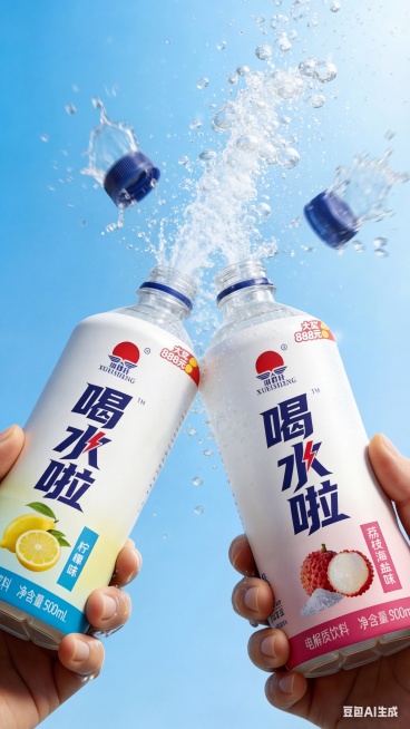 将图中两款产品的瓶盖完全打开，瓶盖倾斜飞溅出去，保持高清晰画质，保留产品原有标识和外观预览效果