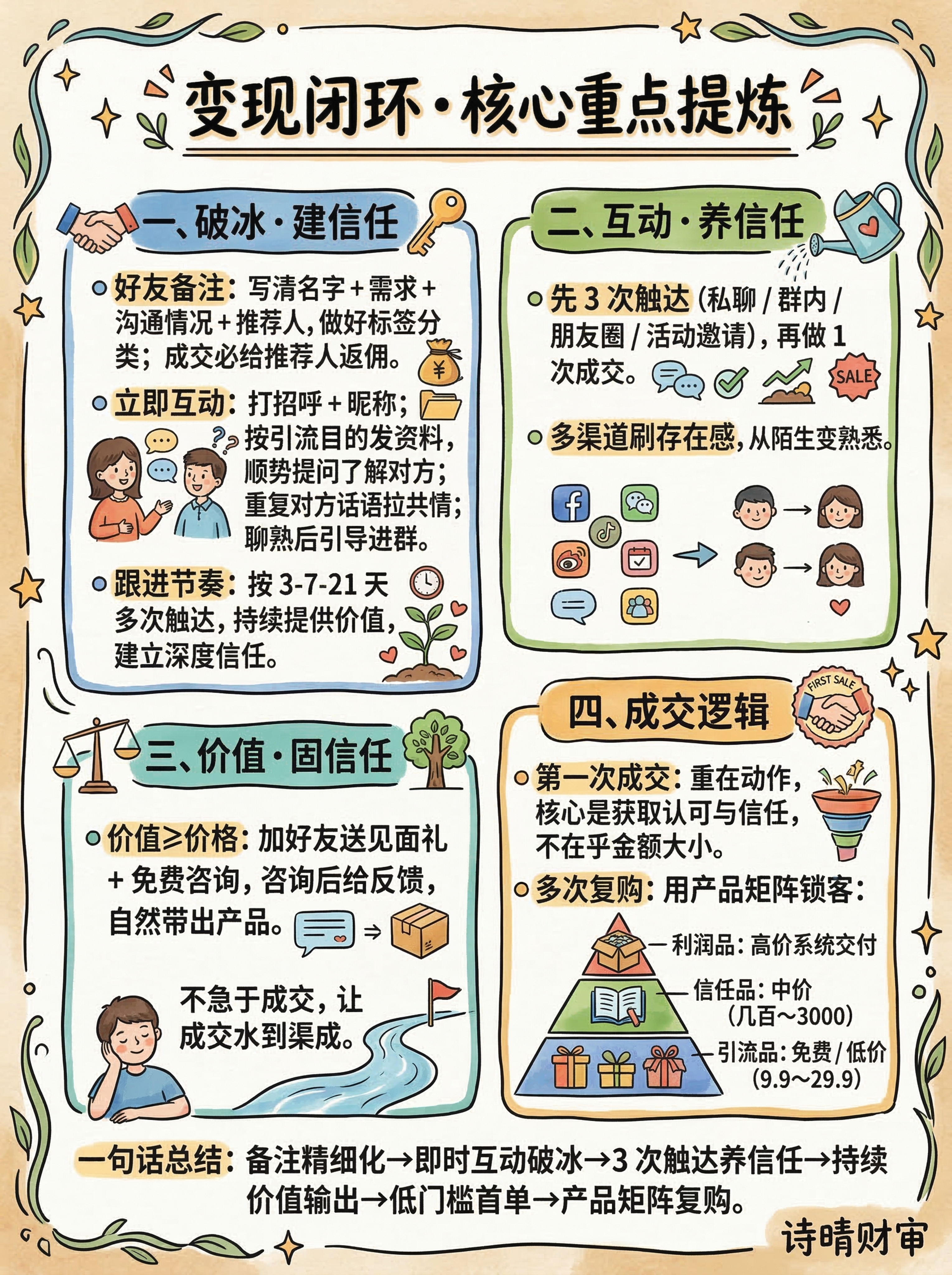 手绘风格竖版中文信息卡，标题为：变现闭环・核心重点提炼。内容排… - 图片创意预览