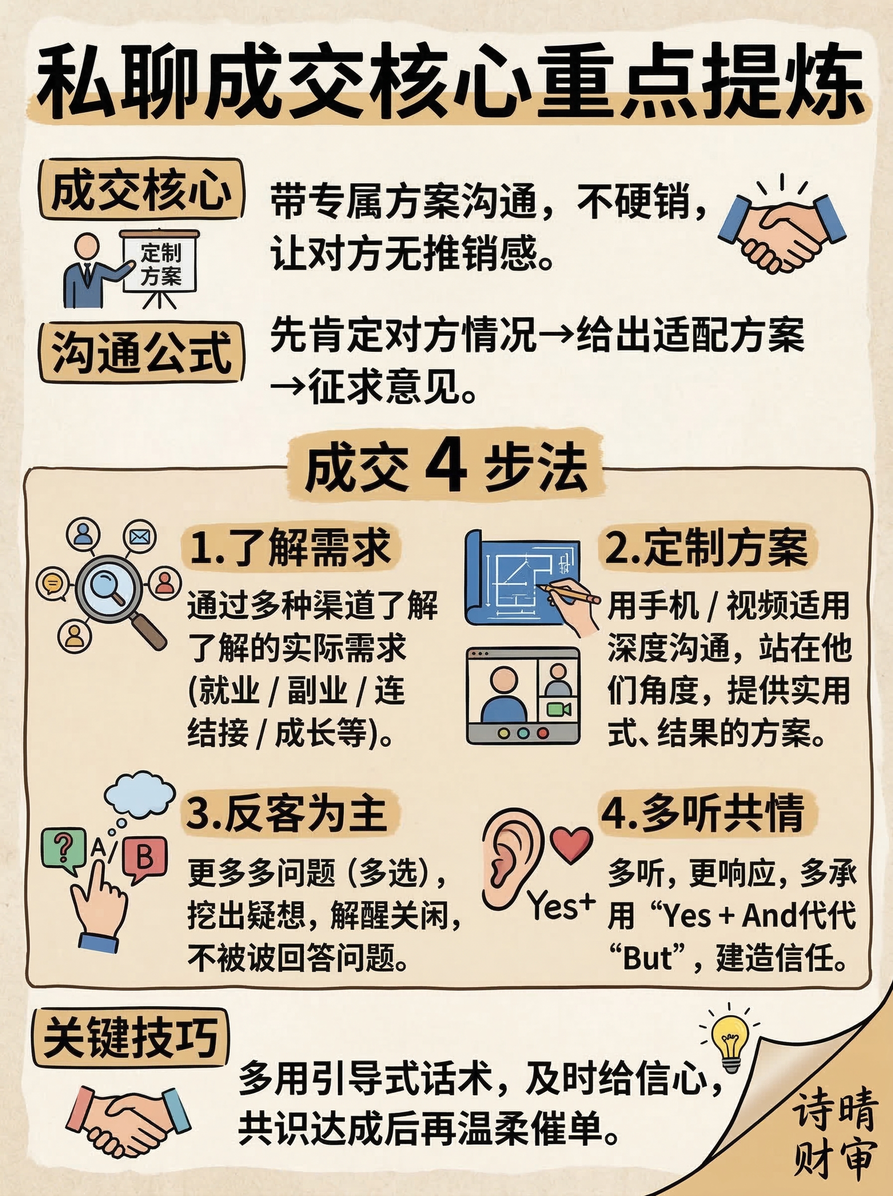 手绘风格竖版中文信息卡，标题为：私聊成交核心重点提炼。内容排版… - 图片创意预览