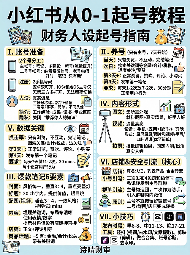 手绘风格竖版中文信息卡，内容为小红书从0-1起号教程：一、账号准备：2个号分工主号：发笔记、做IP、新手机号注册（有流量扶持）小号：专门留微信引流，旧号可用，笔记设仅自己可见注册：2个手机号，安卓可双开，苹果/鸿蒙只登主号，禁第三方多开、频繁切号人设：信息真实，主号昵称=名字+价值，小号2字简洁，头像不同简介：工作经历+成绩+证书+擅长领域隐私：关闭“推荐给可能认识的人”二、养号：只养主号，7天起步当天：只浏览，不互动，完整看完笔记次日：搜财务/会计/税务等关键词，适度关注点赞第3天+：正常刷、点赞、评论，可小额下单第4天：发第一篇笔记要求：7天内每天1-2次，每次30分钟，像正常用户使用三、爆款笔记6要素封面：统一风格、竖版3:4、重点突出标题：20字内，给价值、吸睛配图/视频：竖图3:4，画风统一；视频≤3分钟内容：埋关键词，排版清晰，用表情/序号分层，暗示有资料不直接发店铺：正文+评论引导商品话题：5个左右，财务/会计/税务相关，带关键词四、内容形式图文：不出镜、资料截图+真实场景，适合新手引流视频：流量更高，设备=手机+支架+提词器+剪映形式：录屏/图片转视频/手写/口播（优先简单形式）拍摄：集中拍、集中剪，固定开头结尾，做真实人设五、数据关键点击率看封面+标题互动权重：评论＞收藏＞点赞互动率≥10%，有爆款潜力六、店铺&安全引流（核心）店铺：实名认证开通，用于上架产品+合规引流小号引流：小号发带微信的四宫格，私信转发主号群聊引流：主号建群，小号当助理，群内引导加微原则：主号不直接留微信，小号/群/店铺完成转化七、小技巧发布时段：早6-8、中11-13、晚17-21工具：轻抖（提词/去水印/文案提取）、剪映（剪辑）做合集、账号诊断、去水印。信息卡排版清晰，搭配财务相关视觉符号，使用简洁字体，汉字为高优先级矢量图层，画面末尾标注“诗晴财审”，整体为手绘插画风格