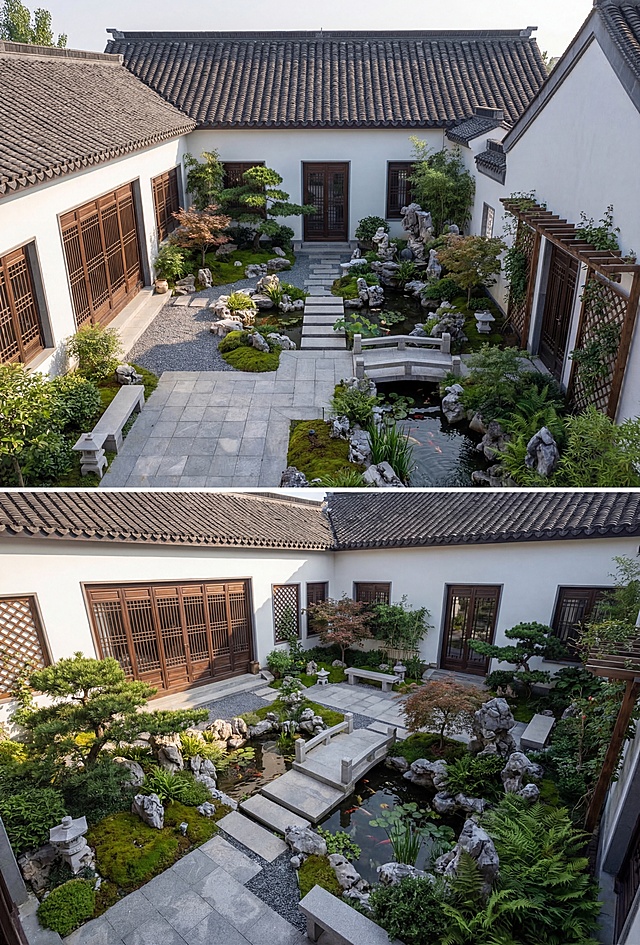 根据提供的农村自建房院子平面布置图，生成45度角透视效果图，严格保留原有院子结构、尺寸、门窗位置、房屋层高3.5米、墙体布局，全部为一层建筑不改动。优化院子地面铺装、庭院景观、绿化、围墙样式、灯光、庭院小品，采用参考图片的新中式苏派园林风格，高清写实照片级，自然日光，细节丰富，适合施工参考
