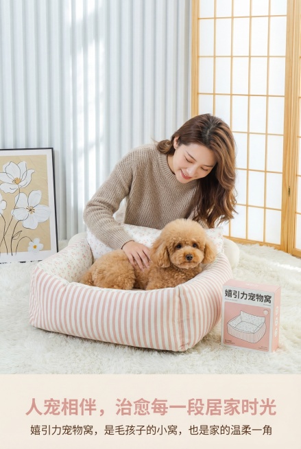 2:3竖屏，严格还原上传的嬉引力宠物窝产品图，包括包装设计、颜色、图案元素等所有细节，产品尺寸比例1:1，展示30岁左右气质女性主人与猫咪或小型犬在宠物窝旁温柔互动的场景，背景为温馨日系家居，包含毛绒预览效果