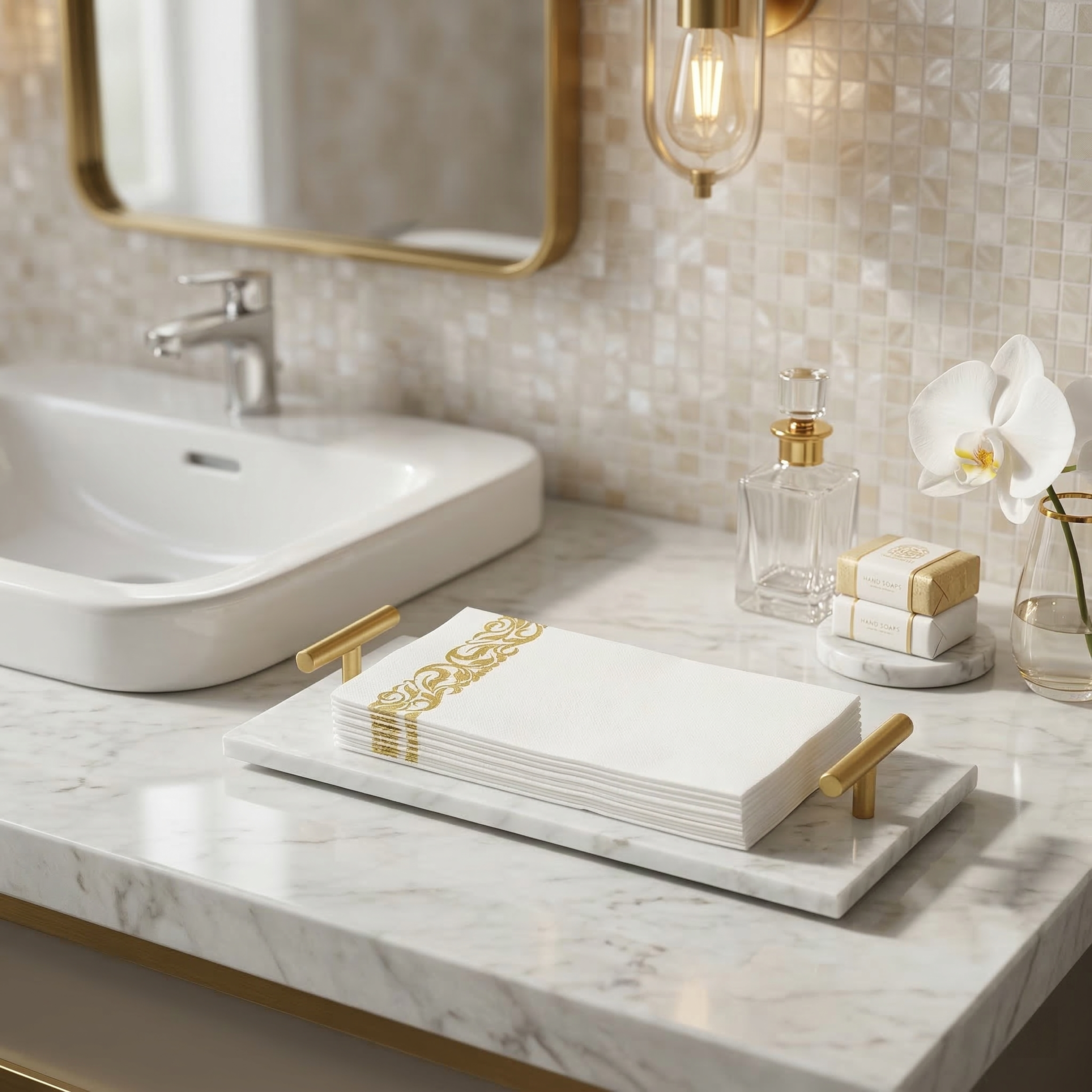 将大理石托盘放置在轻奢浴室洗手台台面上，参考图的构图和氛围，保… - 图片创意预览