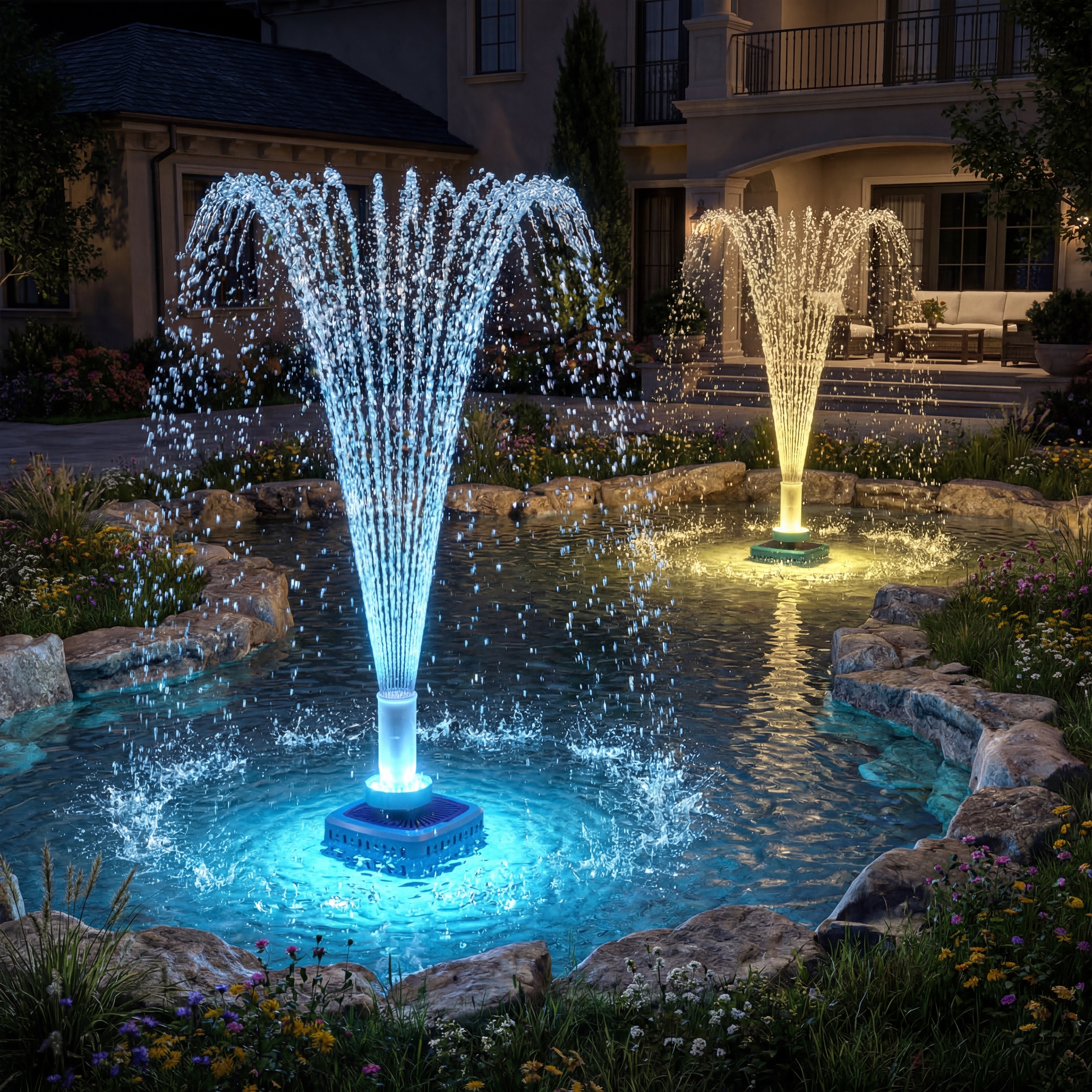 超写实3D渲染风格，夜晚场景，美国高档别墅建筑高端庭院，一个超… - 图片创意预览