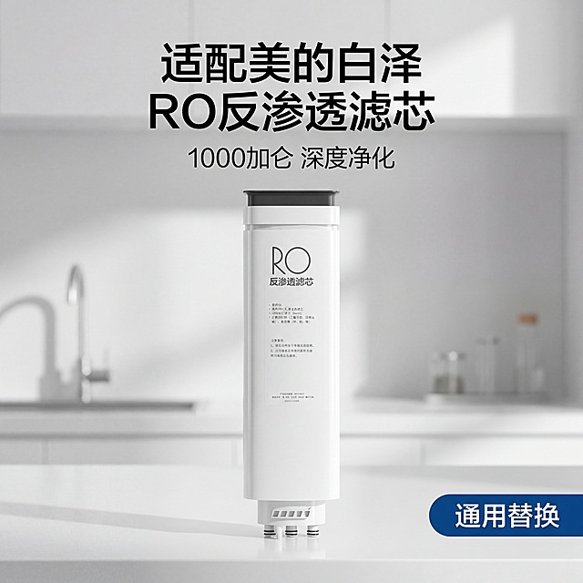[垫图] https://gdesign-dam-hz.dancf.com/35828419125432410/5d810387a4d34d2fbe04c78c6226466a.jpg
[主图主题] 美的白泽适配RO反渗透滤芯首图
[氛围/风格] 简约干净大气，明亮通透，高级产品摄影质感
[画面元素] RO滤芯居中放大展示，背景为浅灰色极简厨房净水场景，干净的白色台面，柔和自然光从侧面打光，产品棱角分明质感通透，背景铺满全屏无边框
[配色色系] 主色调：纯净白、浅灰；辅助色：黑色文字点缀，整体干净清爽
[视角构图] 正面平视拍摄，产品占比约60%，景深适中背景轻微虚化
[文字版式] 主标题“适配美的白泽 RO反渗透滤芯”居中悬浮于产品上方，副标题“1000加仑 深度净化”在主标题下方，右下角深蓝色胶囊标签“通用替换”，字体为简约无衬线体，黑色字，采用“产品中心+悬浮标题”布局，整体干净透气突出主体