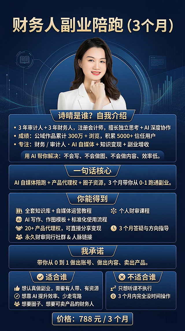 制作财务人副业陪跑（3 个月）产品宣传海报，延续之前统一的精致蓝色高级风格，尺寸竖版9:16，主色调为适合财务人群的高级蓝色调，精致高质感风格，真实还原附件照片里的注册会计师诗晴形象，包含完整文案信息：标题“财务人副业陪跑（3 个月）”，“诗晴是谁？自我介绍：3 年审计人 + 3 年财务人，注册会计师，擅长独立思考 + AI 深度协作成绩：公域作品累计 300万 + 浏览，积累 5000+ 信任用户专注：财务 / 审计人・AI 自媒体 + 知识变现 + 副业增收用 AI 帮你解决：不会写、不会做图、不会做内容、效率低。一句话核心：AI 自媒体陪跑 + 产品代理权 + 圈子资源，3 个月带你从 0-1 跑通副业。你能得到：- 全套知识库 + 自媒体运营教程- AI 写作、作图模板 + 标准化使用流程- 20+ 产品代理权，可直接分享变现- 永久财审同行社群 & 人脉链接- 3 个月答疑与方向指导我承诺：带你从 0 到 1 做出账号、做出内容、卖出产品。适合谁：- 想认真做副业，需要有人带、有资源- 想靠 AI 提升效率、少走弯路- 想要圈子、想要可卖产品的财务人不适合谁：- 只想听课不执行- 3 个月内完全没时间操作价格：788 元 / 3 个月”，需要重点突出“诗晴是谁？”、“一句话核心”、“你能得到”、“我承诺”、“适合谁”、“不适合谁”、“价格”这些模块，提炼核心关键词搭配简洁视觉符号，增强视觉冲击力，输出4K高清分辨率，汉字作为高优先级矢量图层，整体精致美观符合财务知识产品定位，只保留文案，不添加额外内容。