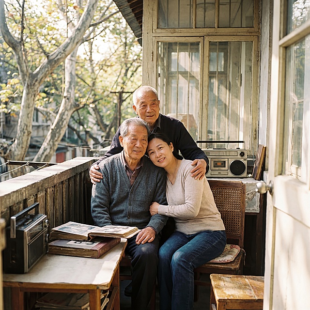 中国父母和女孩子在一起的温馨画面，图片上不显示任何文字，表达过去的事已经发生，无论好坏，总不能重新来过的意境