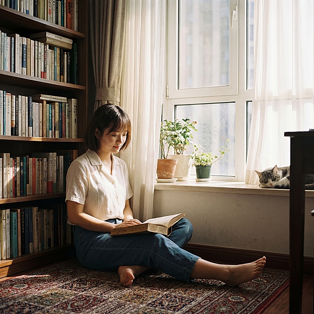 安静的书房角落，年轻的中国女孩子坐在窗边地毯上，怀里抱着一本摊开的书，午后阳光透过纱帘洒进来，空气静谧温暖，画面中不显示任何文字，整体氛围安静治愈，表达读书沉淀气质的氛围感