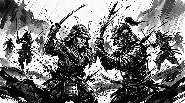A violently dynamic concept art panel, 2D black and white ink style. Abstract battlefield from the era of Japanese samurai, with dynamic explosive black ink splatters on pure white background. Clear, distinct and prominently visible human faces on samurai warriors, rough aggressive brush strokes, strong chiaroscuro contrast. Evokes historical atmosphere and quiet desperation. Master ink illustration, high energy, traditional Japanese ink technique