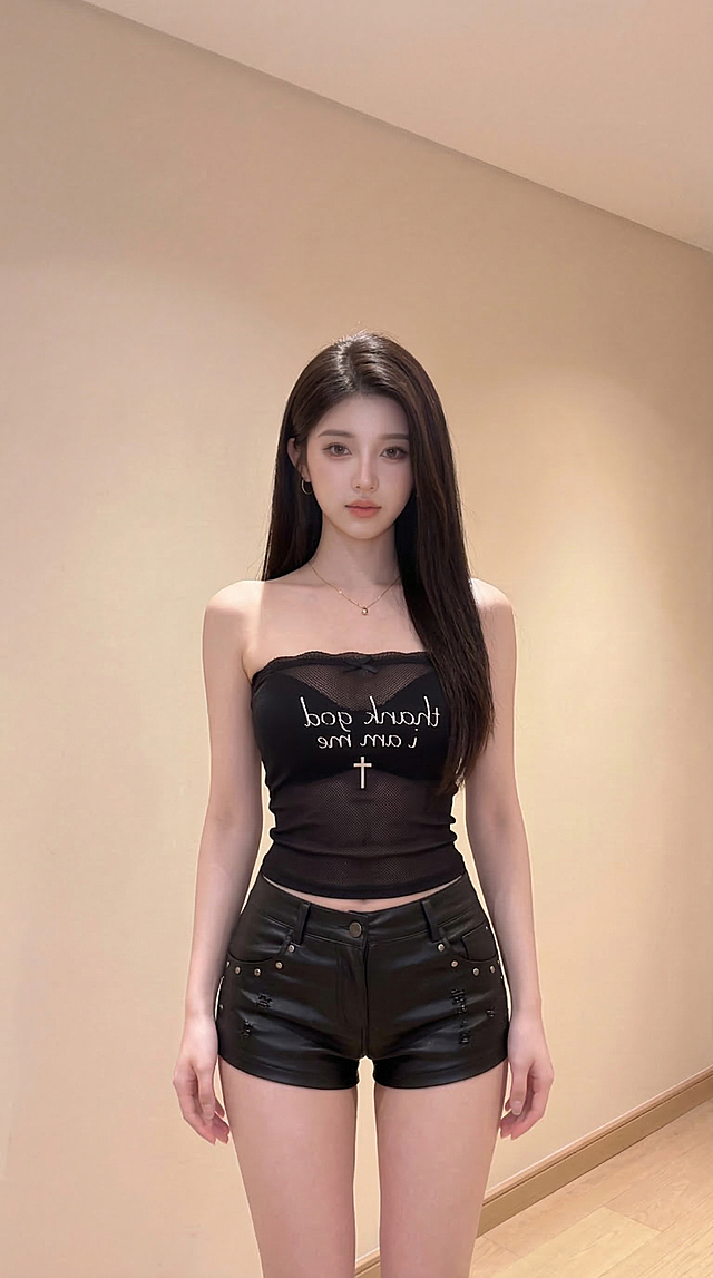 保持图二人物的面部，将穿搭换成图一的黑色网纱抹胸+黑色皮短裤，脖子佩戴项链，保留图一的直发长披发造型，不要卷发，去掉手机，调整为模特身材，完美头肩比，细腰，穿搭细节和图一一模一样不做改变，保持整体风格自然写实，4K画质