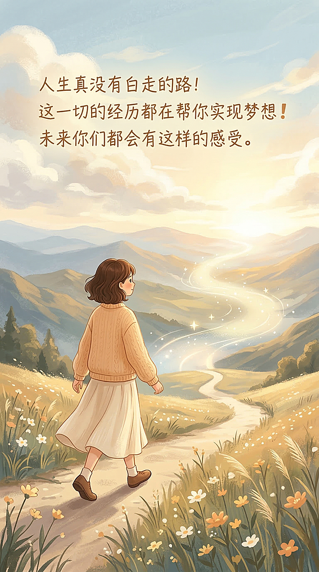 治愈风励志配图，配文"人生真没有白走的路！这一切的经历都在帮你实现梦想❗未来你们都会有这样的感受。"，整体温暖向上的氛围，光影柔和，远方有光亮的梦想道路