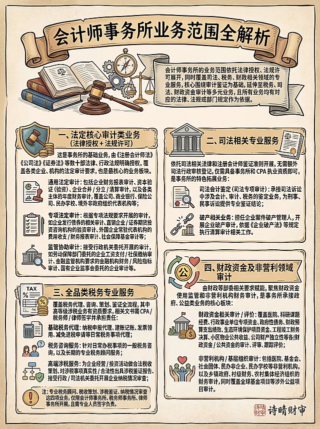 手绘风格竖版中文信息卡，标题为：会计师事务所业务范围全解析。内容排版：
会计师事务所的业务范围依托法律授权、法规许可展开，同时覆盖司法、税务、财政相关领域的专业服务，核心围绕审计鉴证为基础，延伸至税务、司法、财政资金审计等多元业务，且所有业务均有对应的法律、法规或部门规定作为依据。

一、法定核心审计类业务（法律授权 + 法规许可）
这是事务所的基础业务，由《注册会计师法》《公司法》《证券法》等数十部法律、行政法规明确授权，覆盖各类企业、机构的法定审计要求，也是最核心的业务板块。
通用法定审计：包括企业财务报表审计、资本验证（验资）、企业合并 / 分立 / 清算审计，以及各类主体的年度财务审计，覆盖公司、商业银行、保险公司、民办学校、境外非政府组织代表机构等；
专项法定审计：根据专项法规要求开展的审计，如企业发行债券的相关审计、直销企业 / 证券期货投资咨询机构的验资审计、外国企业常驻代表机构的费用收支 / 财务报表审计、社会保障基金审计等；
监管协助审计：接受行政机关委托开展的审计，如劳动保障部门委托的企业工资支付 / 社保缴纳审计、金融监管机构要求的金融机构财务 / 风险指标审计、国有企业监事会委托的企业审计等。

二、司法相关专业服务
依托司法相关法律和注册会计师鉴证准则开展，无需额外司法行政审核登记，仅需具备事务所和 CPA 执业资质即可，是事务所的特色拓展业务：
司法会计鉴定（司法专项审计）：承接司法诉讼中涉及会计、审计、税务的鉴定业务，为刑事、民事诉讼提供专业鉴证结论；
破产相关业务：担任企业案件破产管理人，开展企业破产审计，依据《企业破产法》等规定执行清算审计相关工作。

三、全品类税务专业服务
覆盖税务代理、咨询、策划、鉴证全流程，其中高等级涉税业务有资质要求，相关文书需 CPA / 税务师 / 律师签字并承担责任：
基础税务代理：纳税申报代理、建账记账、发票领用、减免退税申请等日常税务事项代理；
税务咨询服务：针对日常办税事项的一般税务咨询，以及长期的专业税务顾问服务；
高端涉税服务：为企业经营 / 投资活动做合法税收策划、对涉税事项真实性 / 合法性出具涉税鉴证报告、接受行政 / 司法机关委托开展企业纳税情况审查；
注：专业税务顾问、税收策划、涉税鉴证、纳税情况审查这四项业务，仅限会计师事务所、税务师事务所、律师事务所开展，且需专业人员签字负责。

四、财政资金及非营利领域审计
由财政等部委相关要求赋能，聚焦财政资金使用监管和非营利机构财务审计，是事务所承接政府、公益类业务的核心板块：
财政资金相关审计 / 评价：覆盖医院、科研课题经费、行政事业单位专项资金、政府性债务、财政预算支出绩效、生态环境保护项目资金、工程竣工财务决算、小区物业公共收益、公司财产独立性等各类财政资金 / 公共资金的审计、评审、跟踪评价；
非营利机构 / 基层组织审计：包括医院、基金会、社会团体、民办非企业、民办学校等非营利机构，以及乡镇政府、村级财务、农村集体经济组织的财务审计，同时覆盖全球基金项目等涉外公益项目审计。

图片右下角加上文字：诗晴财审
整体风格为手绘，搭配视觉符号和简洁的字体，汉字为高优先级矢量图层，增强视觉冲击力和信息检索效率。