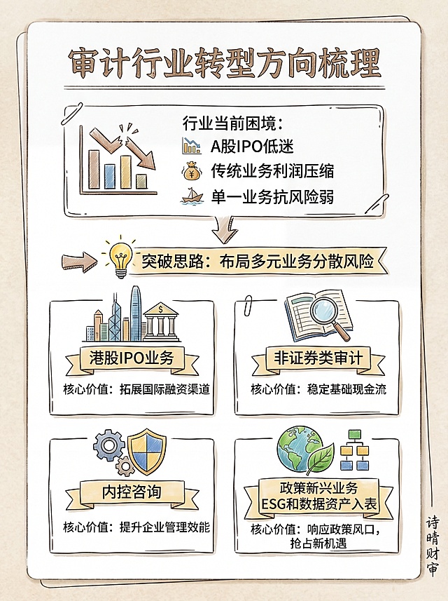 手绘风格竖版中文行业分析信息卡，标题为审计行业转型方向梳理，内容包含行业当前困境：A股IPO低迷，传统业务利润压缩，单一业务抗风险弱；突破思路：布局多元业务分散风险；四个转型方向：港股IPO业务、非证券类审计、内控咨询、政策新兴业务ESG和数据资产入表，每个方向标注核心价值。右下角落款诗晴财审。整体简洁手绘，搭配简单图标突出重点，文字清晰排版舒爽。