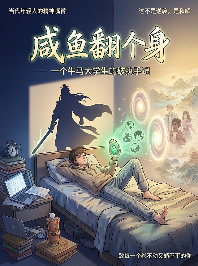网络小说《咸鱼翻个身》封面，主视觉：一个穿睡衣的年轻人呈半躺咸鱼姿势，身下是现实感的学生宿舍床，年轻人的影子投射出来是古装执剑者的轮廓，形成强烈反差；年轻人手中握着一块发光的青翠色旧玉，玉中隐约映出五个不同世界的剪影。画面左侧散落着现实世界的论文、闹钟、外卖盒，展示内卷日常；画面右侧有诸天副本的微光、伙伴的身影、家国山河的淡淡印记，象征成长与守护，整体虚实交融，暗示大梦一场。主书名"咸鱼翻个身"，副标语"一个牛马大学生的破执手记"，角落卖点标签："当代年轻人的精神嘴替"、"这不是逆袭，是和解"、"致每一个卷不动又躺不平的你"。风格：轻松自嘲，温暖热血，充满烟火气和少年感，带有微光感。色彩：主色调为深夜蓝到晨曦金的渐变，点缀旧玉的青翠色，避免暗黑和暗红色系。字体：主书名是略带慵懒但有力量感的手写体，带有微光描边