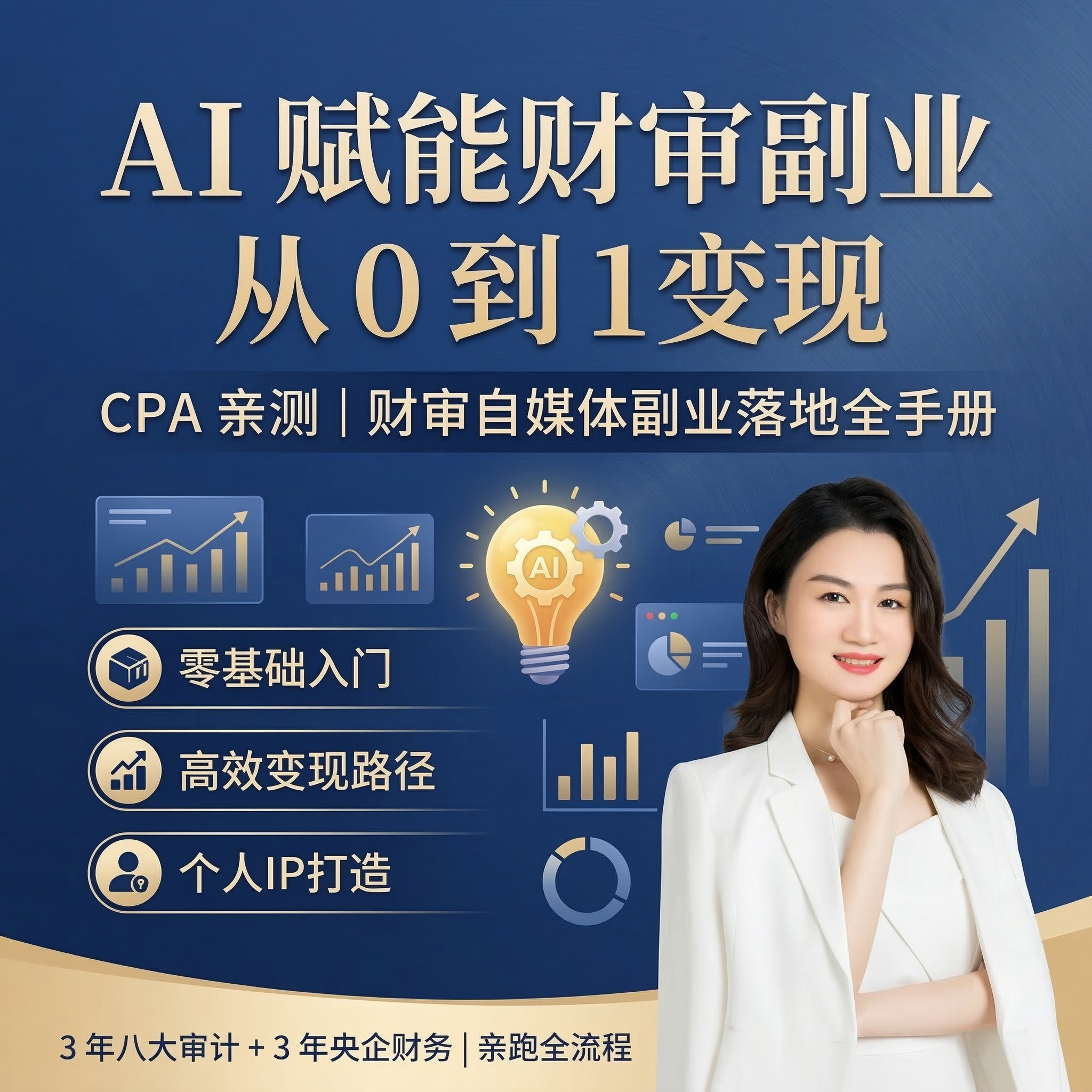 生成一款财审副业课程的1:1产品海报，主色调为高级质感蓝色，精… - 图片创意预览