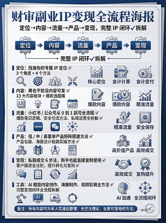 生成一款财审副业IP变现全流程海报，主色调为高级蓝色调，精致专业质感。主标题展示核心主题：定位→内容→流量→产品→变现，完整 IP 闭环✔️拆解，然后依次列出全部内容：3 个角度 + 4 个方法，找准你的专属 IP 定位✔️ ，13 大内容板块 + 爆款选题库，再也不愁没内容可发✔️ ，小红书 / 公众号从 0 到 1 起号全流程✔️ ，爆款笔记逻辑、安全引流方法、私域运营全拆解✔️ ，低 / 中 / 高客单产品矩阵搭建方法✔️，产品包装、海报设计极简实操方法✔️ ，私聊成交 6 步法，新手也能直接复制使用✔️ ，客户跟进全法则，提升转化与复购✔️ ，完整变现闭环全流程拆解，AI 赋能内容创作、海报制作、视频剪辑全方法✔️，海报底部添加备注：所有内容均为本人实操后整理，无空泛理论，全是可落地的方法。提炼核心关键词，搭配简洁的财务金融风格视觉符号，字体简洁清晰，汉字为高优先级矢量图层，整体排版清晰精致，符合财审课程专业定位，4K高清打印级分辨率。
