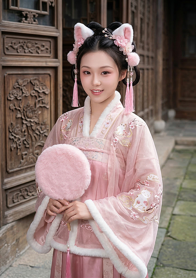 脸型五官表情保持原图不变，换为描述中的服装与场景：发型改为古风双环发髻，搭配白色毛绒猫耳、粉色绒球发饰，粉花与流苏点缀；妆容清透粉嫩，眼尾带红晕，唇色豆沙粉；身着浅粉色齐胸襦裙，外层半透明纱质大袖衫，袖口衣缘镶白色毛绒，裙身有精致刺绣；手持粉色毛绒团扇；背景为中式古典雕花木门与青石板地面；整体风格甜美梦幻，融合汉服与猫耳少女二次元元素，4K高清人像摄影质感，光影细腻色彩柔和，甜系古风，既有古典韵味又有二次元可爱感