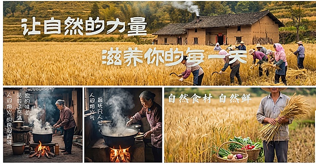 参考图片风格，拼贴山野风农村麦收场景，包含土屋农舍、金黄麦田，农妇收割小麦，农家炊烟袅袅充满烟火气，适合餐饮饭店，突出新鲜食材从田间直达餐桌，色彩鲜艳高清写实