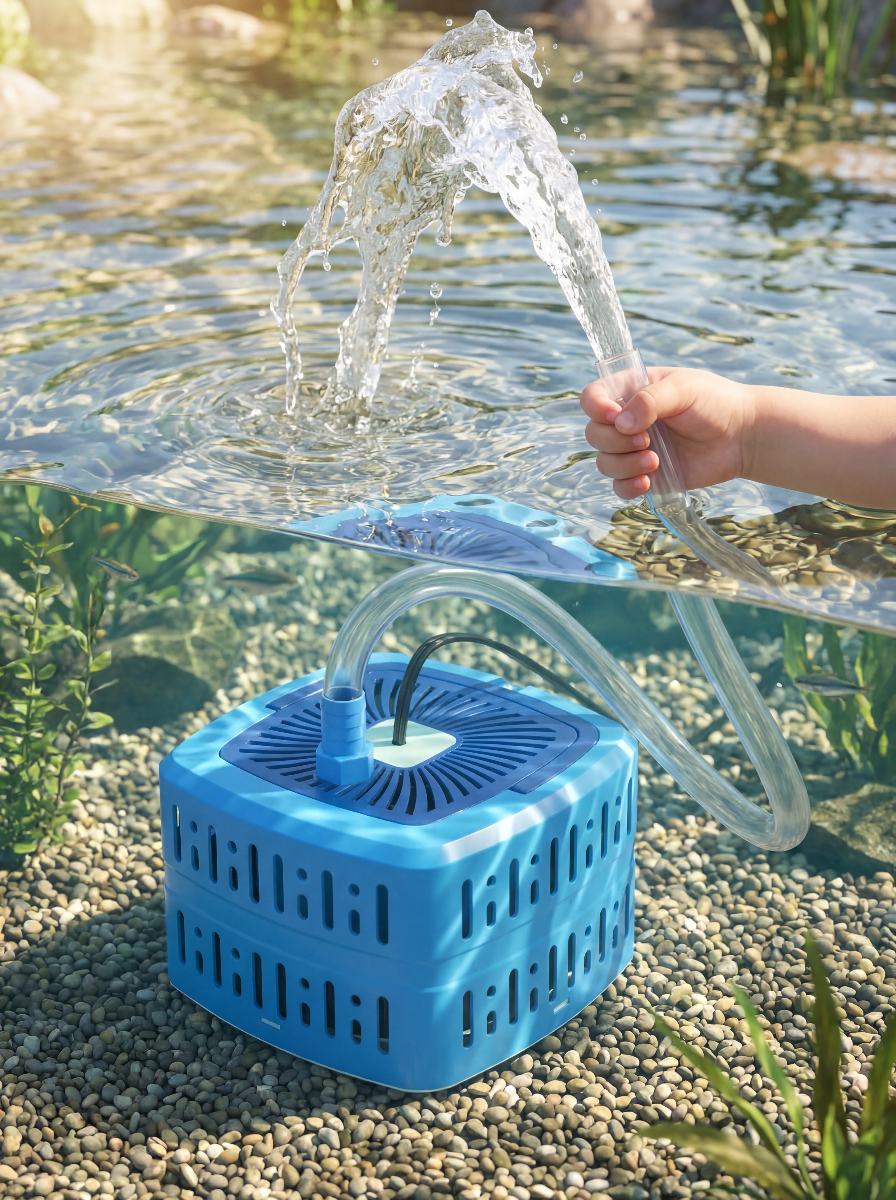 基于原图中的蓝色抽水泵，生成超写实3D渲染风格场景：抽水泵整体… - 图片创意预览