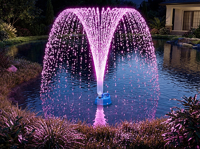 超写实3D渲染风格，夜晚场景，美国别墅建筑高端庭院内，一个超大型不规则形状、边缘过渡自然的漂亮池塘，池塘面积很大很大很大。草叶上的露珠在光照下闪闪发光。产品主体被水淹没，只有最顶端的半透磨砂喷头露出水面，从产品最上端的喷头一股水柱喷涌而起，随后在空中散开，形成一个完美的、散型的水花幕布，所有水珠晶莹剔透，形成一个完美的、散型的水花幕布。产品喷泉水幕发出粉紫色的光，灯光效果很亮，耀眼的程度。喷泉在池塘中的比例大一点。高饱和度，4K超清画质