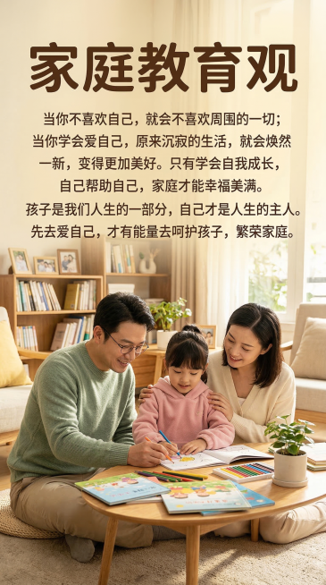 温暖治愈的家庭教育宣传图,画面中有温馨的中国家庭,包含中国父母和中国女孩子,画面上方大标题为"家庭教育观",下方清晰书写文字:"当你不喜欢自己,就会不喜欢周围的一切;当你学会爱自己,原来沉寂的生活,就预览效果