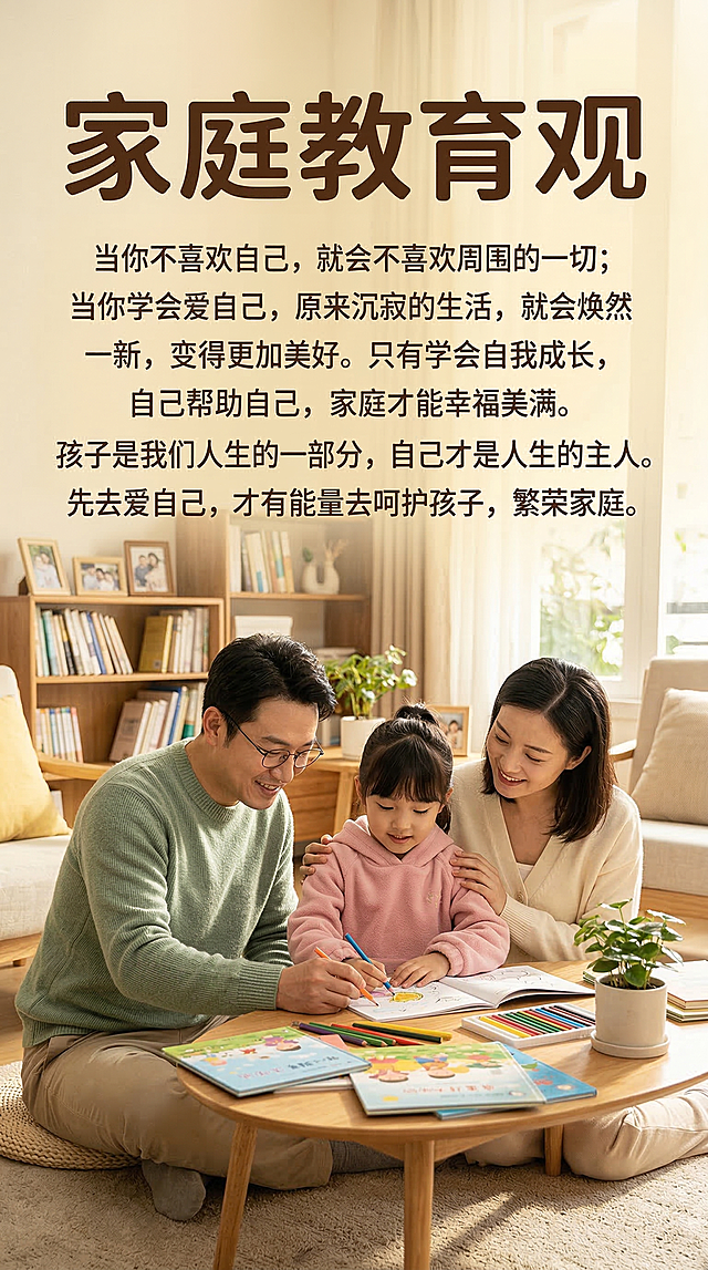温暖治愈的家庭教育宣传图，画面中有温馨的中国家庭，包含中国父母和中国女孩子，画面上方大标题为"家庭教育观"，下方清晰书写文字："当你不喜欢自己，就会不喜欢周围的一切；当你学会爱自己，原来沉寂的生活，就会焕然一新，变得更加美好。只有学会自我成长，自己帮助自己，家庭才能幸福美满。孩子是我们人生的一部分，自己才是人生的主人。先去爱自己，才有能量去呵护孩子，繁荣家庭。", 所有文字必须书写清晰、正确，整体氛围温暖治愈，色调柔和