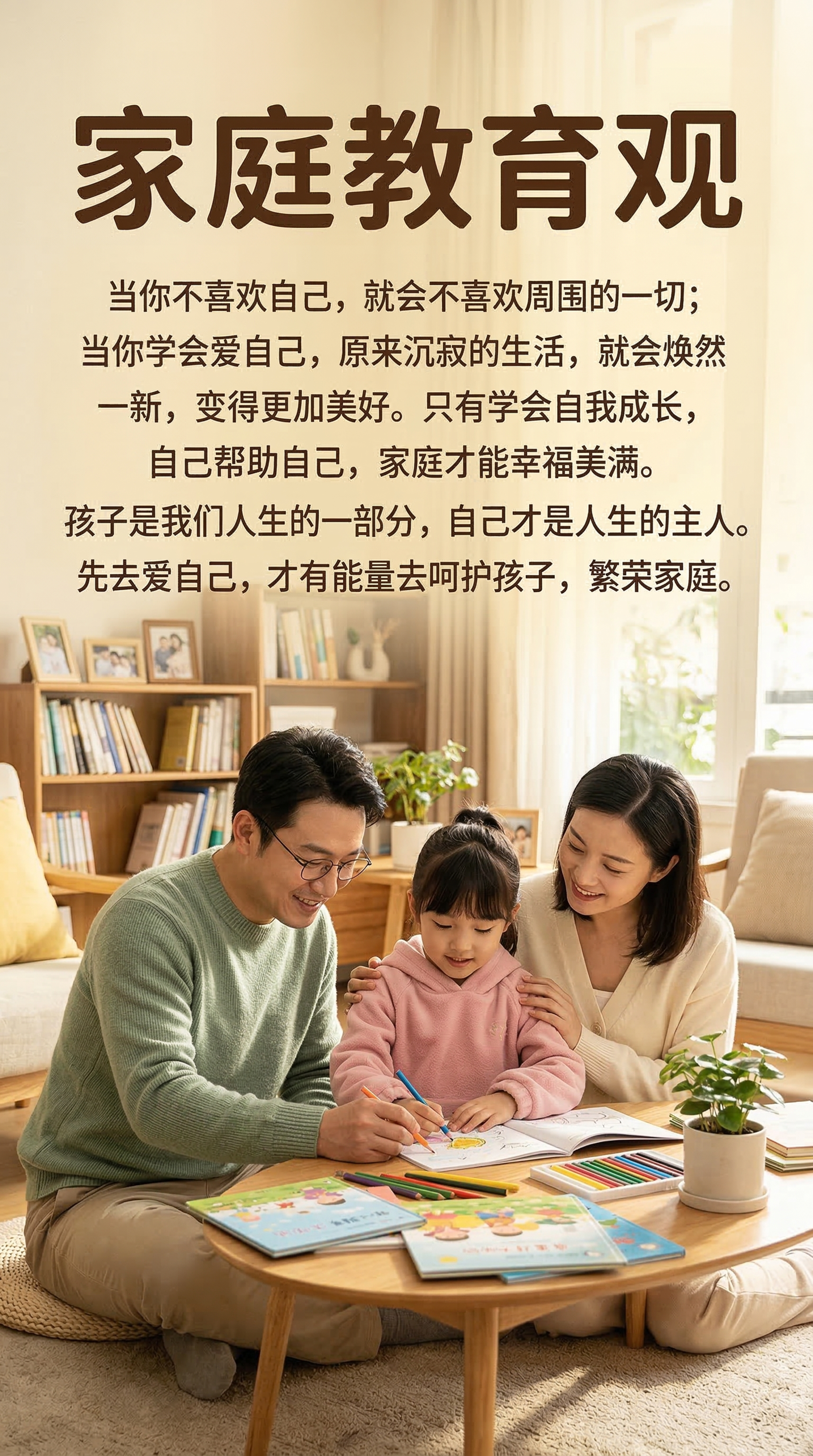 温暖治愈的家庭教育宣传图，画面中有温馨的中国家庭，包含中国父母… - 图片创意预览