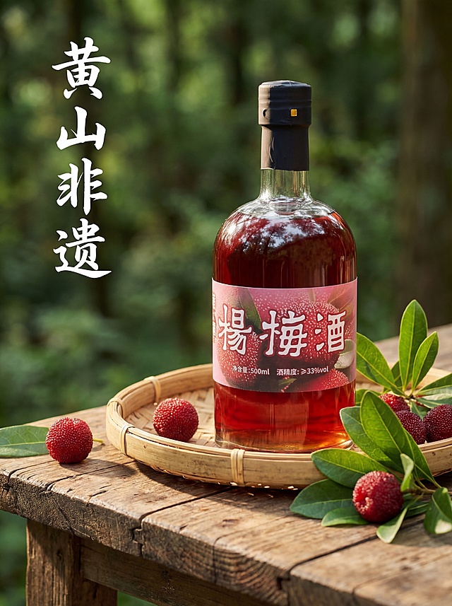 一瓶500ml杨梅酒，保持瓶身原有文字和Logo原样，保持主体物理结构不变，强制保留透明圆玻璃瓶身、黑色瓶盖、粉色标签印着红色杨梅图案与白色“楊梅酒”字样，酒液呈通透深红色。瓶子置于圆形竹编托盘内，托盘放在老旧木桌上，周围散落新鲜红杨梅和翠绿杨梅叶。背景是虚化的绿色自然树林，左侧竖排白色书法字体“黄山非遗”。自然柔和侧光，清新田园北欧自然风，极强自然光，浅木色搭配藤编材质，构图居中，三分法视觉重心，浅景深背景虚化，商业摄影质感，8K高清，色调温暖治愈，适合抖音电商主图。西方面孔、金发、深眼窝、雀斑、杂乱房间、死黑阴影、硬光、乡村风、多余的盖子、缺失的部件、悬浮的物体、变形的手柄、摄影灯、柔光箱、三脚架、水印、昏暗光线、畸变透视、比例失调、瓶身扭曲、Logo变形、内部液化、干瘪
