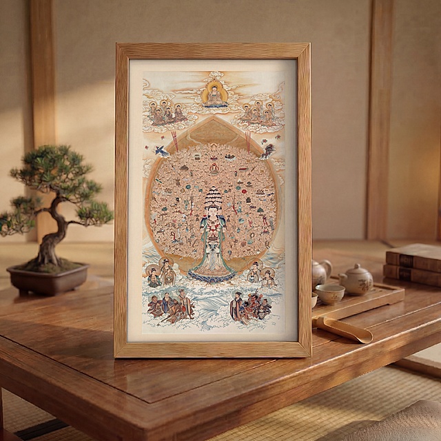 将这幅千手观音画替换进原图的木质画框中，画框比例适配这幅画，不挤压变形画作，保留原图茶桌、盆景、茶具等所有背景元素和环境，4K清晰画质