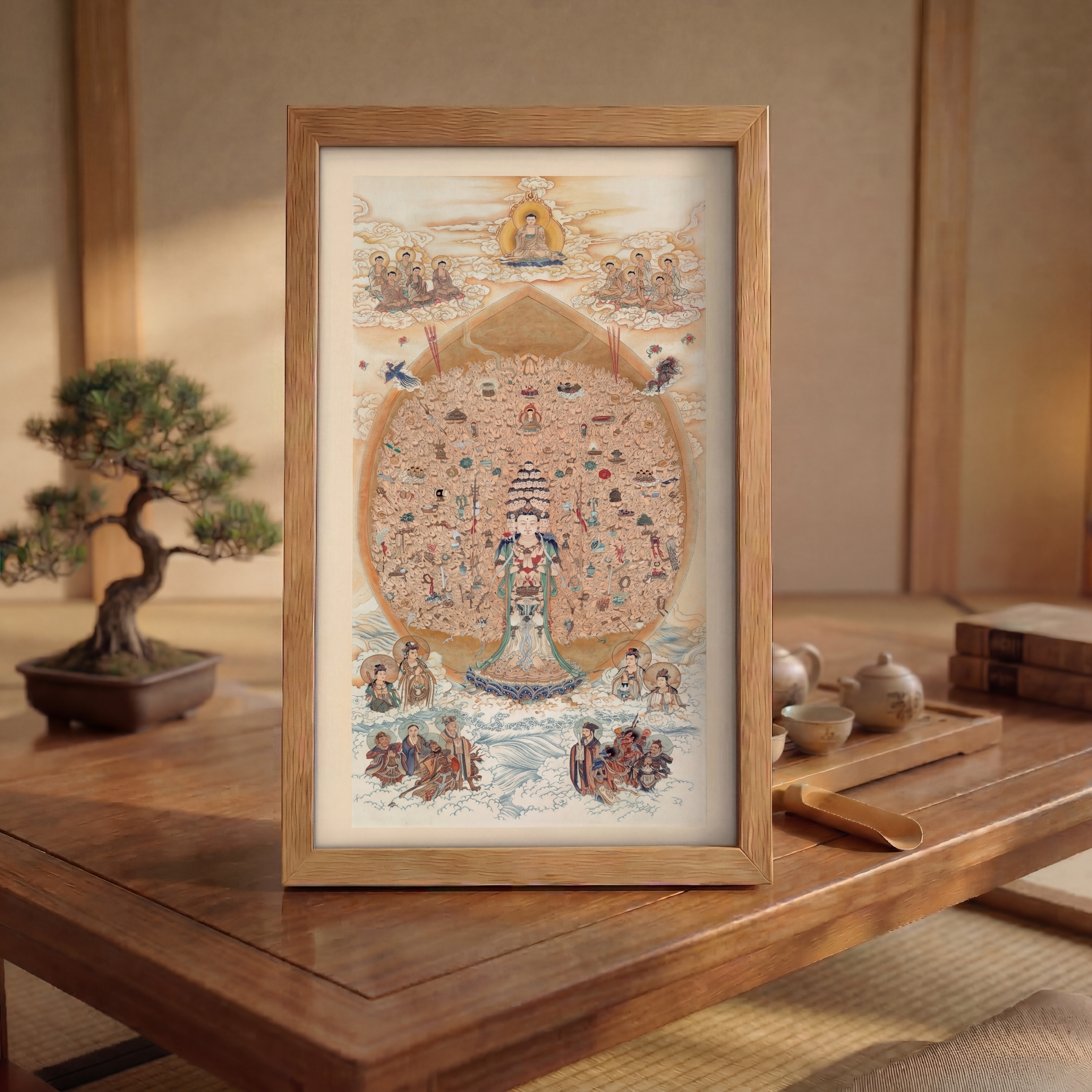 将这幅千手观音画替换进原图的木质画框中，画框比例适配这幅画，不… - 图片创意预览