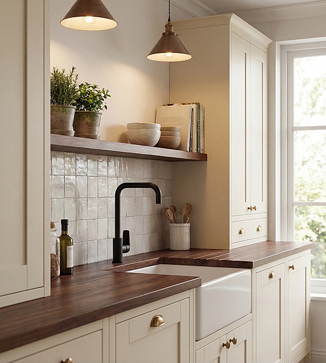 将图片中的厨房水龙头表面修改为哑黑色，放置在漂亮温馨的现代厨房场景中