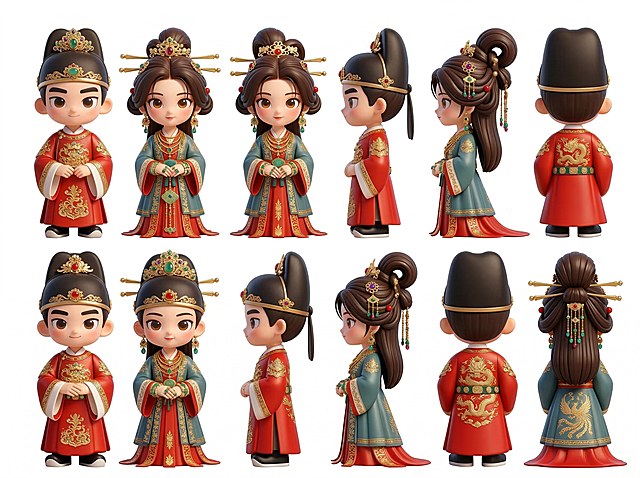 基于原图风格，细化3D潮玩Q版唐代新婚男女形象，描绘更精致细节，给两个人佩戴更加华丽的珠宝首饰，新娘子穿金戴玉，同时展示出两个人的完整三视图，保留纯白色背景，保持立体3D卡通IP风格