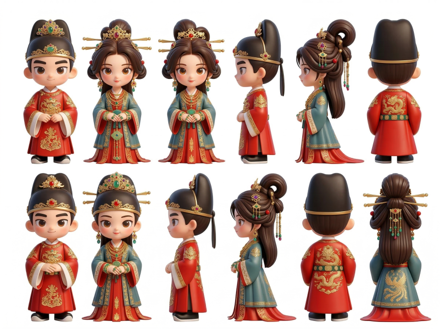 基于原图风格，细化3D潮玩Q版唐代新婚男女形象，描绘更精致细节，给两个人佩戴更加华丽的珠宝首饰，新娘子穿金戴玉，同时展示出两个人的完整三视图，保留纯白色背景，保持立体3D卡通IP风格预览效果