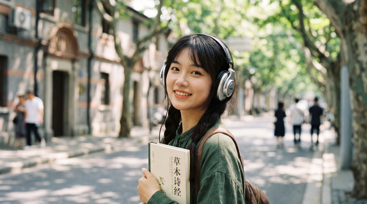 一位身着森系服装的18岁中国年轻女孩，眼睛有神灵动，面对镜头微笑，手持一本文艺书，头戴银色耳机，街景，浅景深预览效果