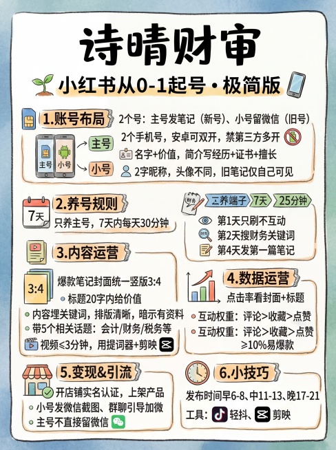 手绘风格竖版中文信息卡，汉字为高优先级矢量图层，搭配简洁字体和对应视觉符号，信息内容：顶部标注'诗晴财审'，内容分为模块：1.账号布局：小红书从0-1起号・极简版，2个号：主号发笔记（新号）、小号留微预览效果