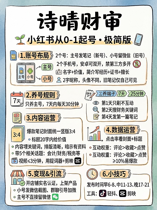 手绘风格竖版中文信息卡，汉字为高优先级矢量图层，搭配简洁字体和对应视觉符号，信息内容：顶部标注'诗晴财审'，内容分为模块：1.账号布局：小红书从0-1起号・极简版，2个号：主号发笔记（新号）、小号留微信（旧号），2个手机号，安卓可双开，禁第三方多开；主号：名字+价值，简介写经历+证书+擅长；小号：2字昵称，头像不同，旧笔记仅自己可见。2.养号规则：只养主号，7天内每天30分钟，第1天只刷不互动；第2天搜财务关键词；第4天发第一篇笔记。3.内容运营：爆款笔记封面统一竖版3:4；标题20字内给价值，内容埋关键词，排版清晰，暗示有资料，带5个相关话题：会计/财务/税务等；视频≤3分钟，用提词器+剪映。4.数据运营：点击率看封面+标题，互动权重：评论＞收藏＞点赞，≥10%易爆款。5.变现&引流：开店铺实名认证，上架产品；小号发微信截图、群聊引导加微，主号不直接留微信。6.小技巧：发布时间早6-8、中11-13、晚17-21；工具：轻抖、剪映。整体信息排版清晰，视觉层次分明，增强信息检索效率