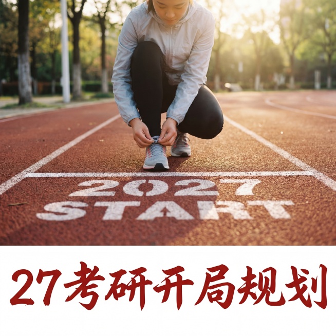 特写摄影。红色的塑胶跑道上画着白色的“2027”起跑线。一个穿着运动鞋的学生，正蹲在地上系紧鞋带，准备起跑。背景有微弱的春日阳光。画面底部叠加红色综艺体大字“27考研开局规划”。预览效果