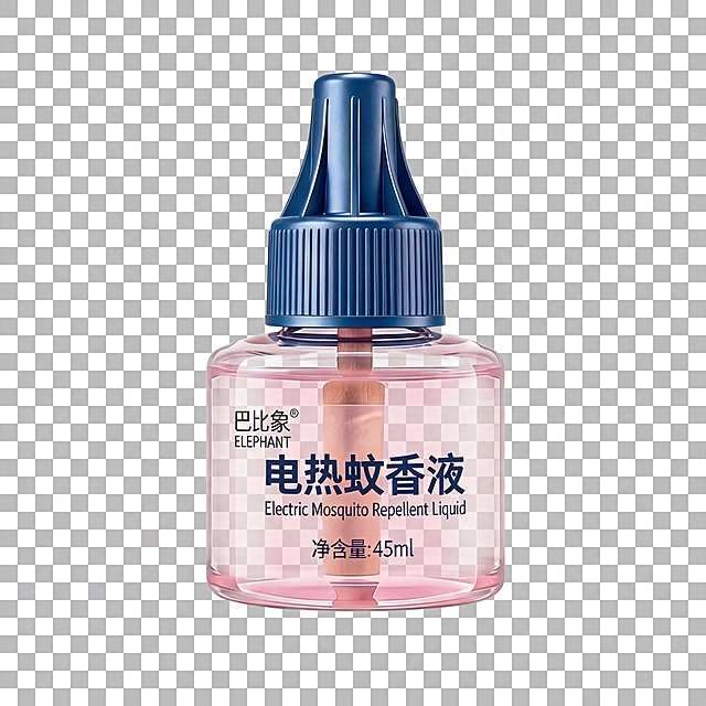 保持电热蚊香液瓶体透明，去掉瓶身内残留的白色背景痕迹，仅保留瓶内粉红色液体和内芯，保留深蓝色瓶盖，整体背景设置为透明，生成PNG格式图片，所有文字保持不变